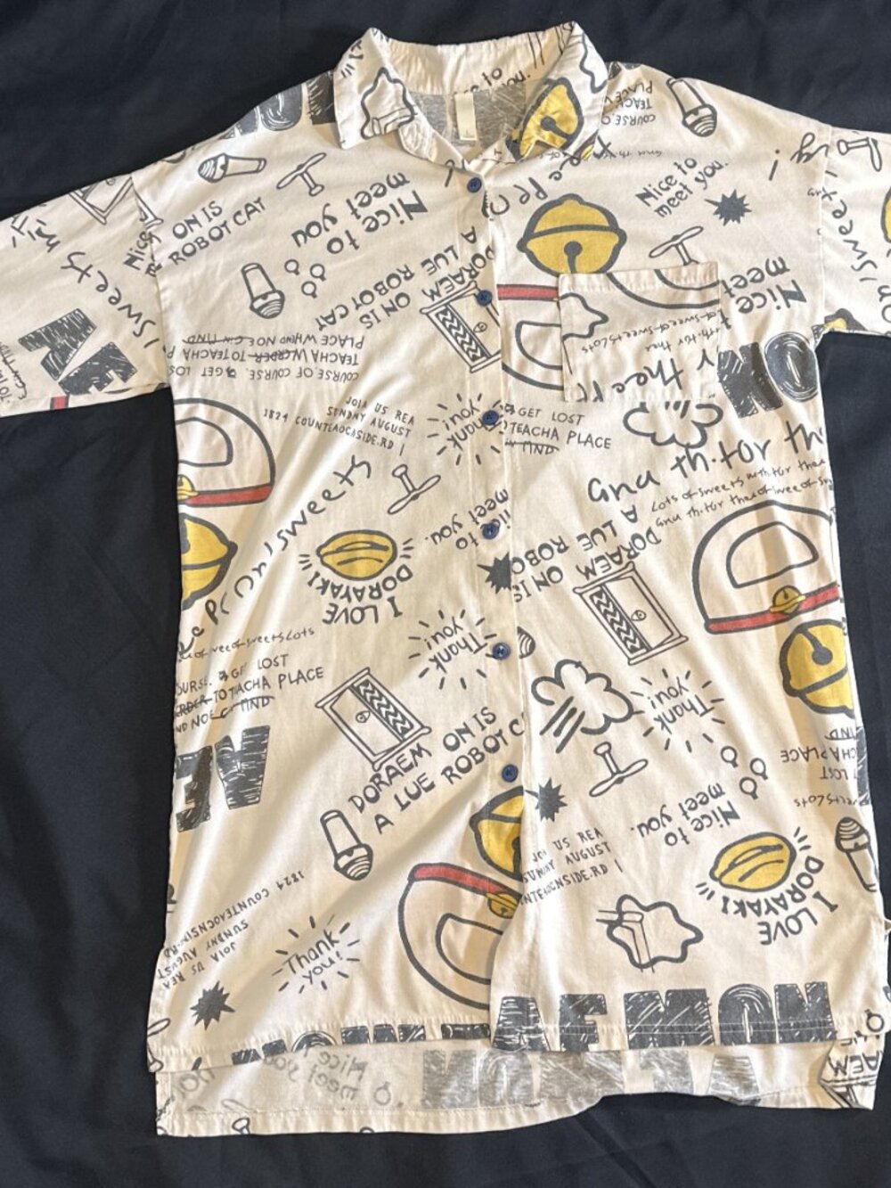 Graniph x Doraemon Handwritten Sketch All-Over Print Button Down Tunic Shirt L